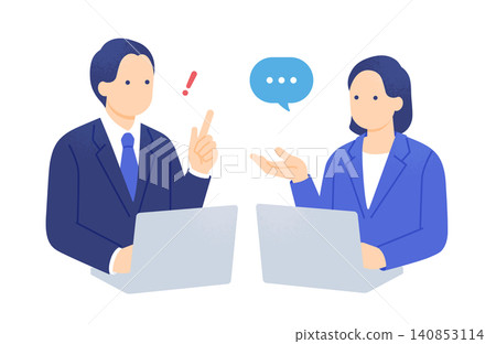 插圖描繪了一位女士在電腦前提出建議，一位男士從中獲得啟發；插圖描繪了男女商務人士。 140853114