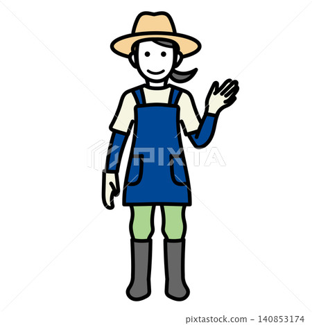 Illustration material: Full-body illustration of a young woman in farming attire smiling and waving. Illustration material: Full-body illustration of a young woman in farming attire smiling and waving. 140853174