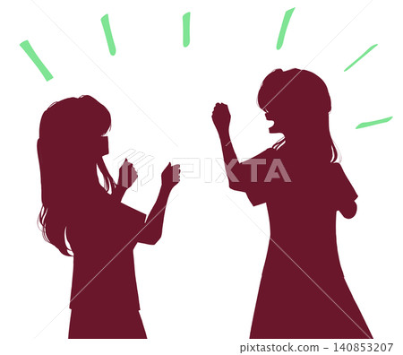 Two women cheering, wearing uniforms, silhouettes. Two women cheering, wearing uniforms, silhouettes. 140853207