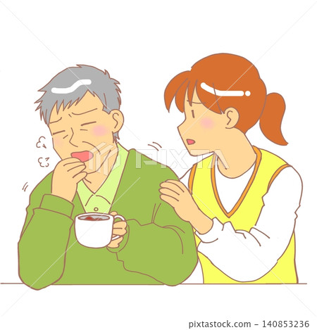 A female staff member assists an elderly man who is choking. A female staff member assists an elderly man who is choking. 140853236