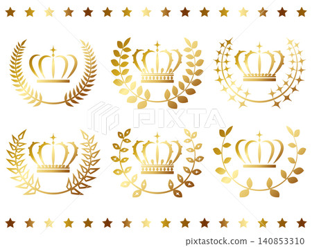 A set of 6 luxurious crown and laurel wreath emblems in gold. A set of 6 luxurious crown and laurel wreath emblems in gold. 140853310