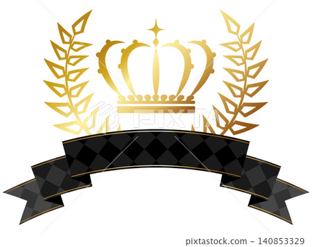 A luxurious crown and ribbon emblem in gold. 140853329