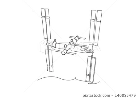 Single continuous line drawing a massive modular space station vehicle orbiting in deep space with its solar panels deployed, scientific exploration. One line draw graphic design vector illustration Single continuous line drawing a massive modular space station vehicle orbiting in deep space with its solar panels deployed, scientific exploration. One line draw graphic design vector illustration 140853479