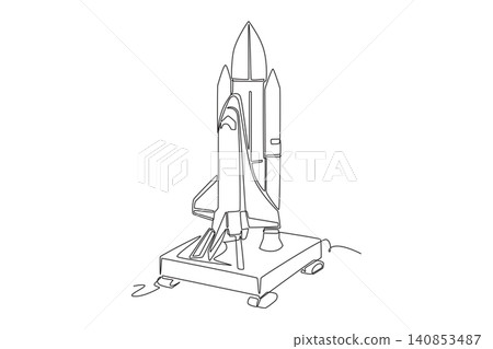 Single one line drawing space shuttle vehicle standing on its launchpad platform, representing advanced aerospace technology cosmic exploration. Continuous line draw design graphic vector illustration Single one line drawing space shuttle vehicle standing on its launchpad platform, representing advanced aerospace technology cosmic exploration. Continuous line draw design graphic vector illustration 140853487