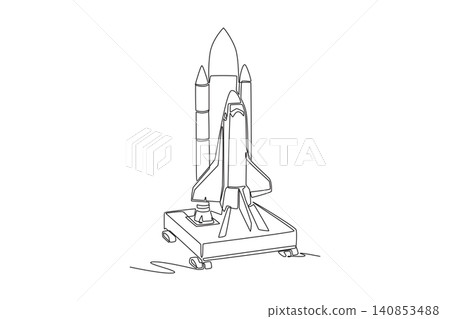 Single one line drawing space shuttle vehicle attached to booster rockets on a launchpad platform, representing advanced outer space technology. Continuous line draw design graphic vector illustration Single one line drawing space shuttle vehicle attached to booster rockets on a launchpad platform, representing advanced outer space technology. Continuous line draw design graphic vector illustration 140853488