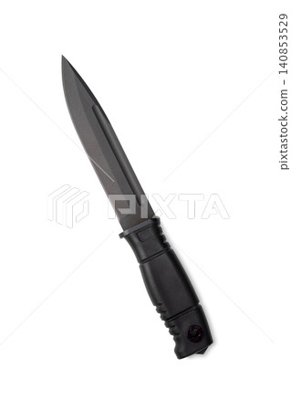 Tactical knife with steel blade and rubberized handle. Combat military gear for outdoor survival, camping, hiking, scouting and professional tactical use. Isolated weapon on white background. Tactical knife with steel blade and rubberized handle. Combat military gear for outdoor survival, camping, hiking, scouting and professional tactical use. Isolated weapon on white background. 140853529