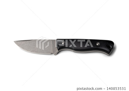Tourist knife with fixed blade and black handle. Steel blade with stone wash finish for survival and outdoor activity. Specialized equipment for camping, bushcraft and adventure gear. Tourist knife with fixed blade and black handle. Steel blade with stone wash finish for survival and outdoor activity. Specialized equipment for camping, bushcraft and adventure gear. 140853531
