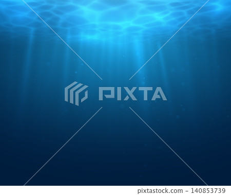 Vector Light Rays in Dark Blue Underwater Ocean Background. Deep Sea Stormy Water with Plankton Dust Particles. Sun Light Beams Illuminating Darkness Ocean Depths. Water Surface 140853739