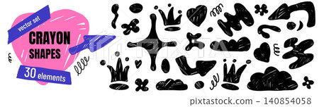 Hand drawn shapes with playful doodle figures and abstract crayon elements. Black crowns hearts clouds with stars and bright pink heart accent. Vector set of chalk shape collage for kids promo sale 140854058