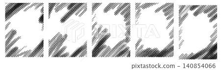 Dynamic halftone frames with irregular speed lines and quirky comic energy. Sporty photo border and gritty dot pattern in black halftone texture for trading card. Vector frame set with glitch feel Dynamic halftone frames with irregular speed lines and quirky comic energy. Sporty photo border and gritty dot pattern in black halftone texture for trading card. Vector frame set with glitch feel 140854066
