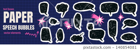 Charcoal crayon paper speech bubble cutout with rough texture for scrapbook. Hand drawn dialogue stickers and scribble clouds for zine. Vector speech bubbles set isolated on blueprint grid background Charcoal crayon paper speech bubble cutout with rough texture for scrapbook. Hand drawn dialogue stickers and scribble clouds for zine. Vector speech bubbles set isolated on blueprint grid background 140854081