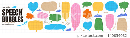 Colorful paper speech bubbles tag elements for school child chat and text note. Pink, blue, green dialogue clouds with doodle arrows and hearts. Vector speech bubble set isolated on white notebook bg Colorful paper speech bubbles tag elements for school child chat and text note. Pink, blue, green dialogue clouds with doodle arrows and hearts. Vector speech bubble set isolated on white notebook bg 140854082