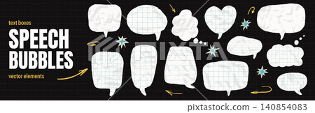 Crumpled notebook paper speech bubble shapes with math grid texture for chat. Torn dialogue boxes with doodle thought clouds and arrows. White vector speech bubble set isolated on black grid for promo Crumpled notebook paper speech bubble shapes with math grid texture for chat. Torn dialogue boxes with doodle thought clouds and arrows. White vector speech bubble set isolated on black grid for promo 140854083
