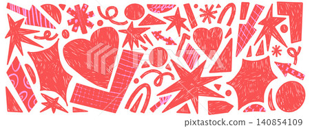 Geometric crayon shapes in red and pink with hand drawn pattern and grid texture on a white background. Crayon doodle elements for kindergarten poster or kids label. Geometric vector pack isolated Geometric crayon shapes in red and pink with hand drawn pattern and grid texture on a white background. Crayon doodle elements for kindergarten poster or kids label. Geometric vector pack isolated 140854109