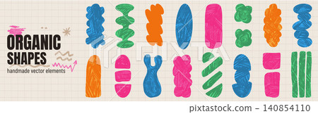 Hand drawn organic shapes with waxy crayon texture for cute kids label and tag. Colorful crayon element and figure doodles in handmade look. Vector organic set of scribble marks for school collage Hand drawn organic shapes with waxy crayon texture for cute kids label and tag. Colorful crayon element and figure doodles in handmade look. Vector organic set of scribble marks for school collage 140854110