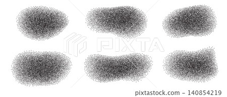 Grain spray organic shapes with dot gradation for music poster and zine cover. Abstract stipple blob and squishy grain element in black sand splatter. Vector set of wavy figures isolated on white Grain spray organic shapes with dot gradation for music poster and zine cover. Abstract stipple blob and squishy grain element in black sand splatter. Vector set of wavy figures isolated on white 140854219