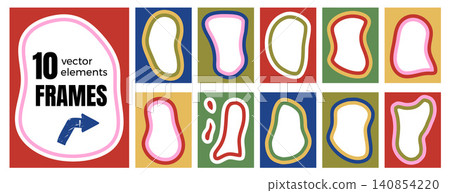 Abstract organic border with bold double frame or photo album and postcard. Colorful outlined wavy blob shapes and curvy line on navy. Vector abstract border set in retro y2k groovy look for text box Abstract organic border with bold double frame or photo album and postcard. Colorful outlined wavy blob shapes and curvy line on navy. Vector abstract border set in retro y2k groovy look for text box 140854220