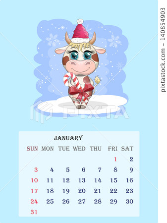 Calendar 2021. Cute bull and cow for every month Calendar 2021. Cute bull and cow for every month 140854903