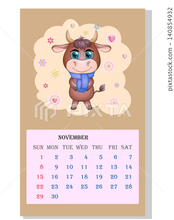 Calendar 2021. Cute bull and cow for every month. 140854932