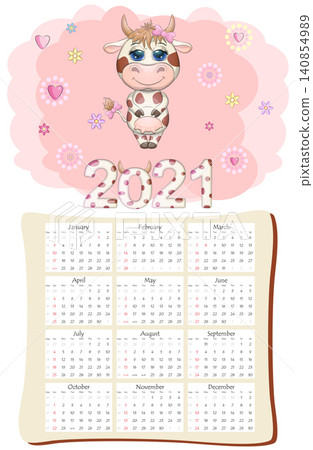 White ox calendar or planner for 2021 with cartoon bull, new year symbol, cover and 12 monthly pages White ox calendar or planner for 2021 with cartoon bull, new year symbol, cover and 12 monthly pages 140854989