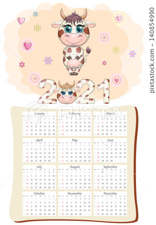 White ox calendar or planner for 2021 with cartoon bull, new year symbol, cover and 12 monthly pages White ox calendar or planner for 2021 with cartoon bull, new year symbol, cover and 12 monthly pages 140854990