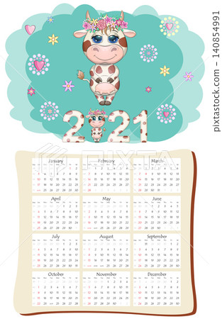 White ox calendar or planner for 2021 with cartoon bull, new year symbol, cover and 12 monthly pages White ox calendar or planner for 2021 with cartoon bull, new year symbol, cover and 12 monthly pages 140854991