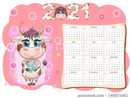 Calendar 2021. The bull is a symbol of the new year, Cartoon cow. Chinese horoscope calendar. Calendar 2021. The bull is a symbol of the new year, Cartoon cow. Chinese horoscope calendar. 140855002