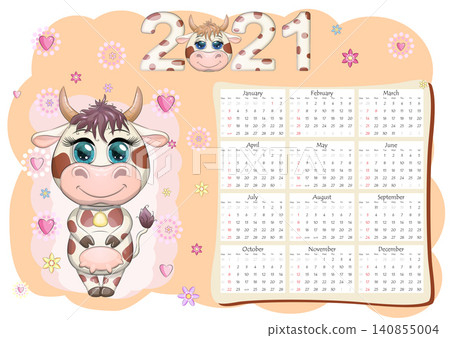 Calendar 2021. The bull is a symbol of the new year, Cartoon cow. Chinese horoscope calendar. Calendar 2021. The bull is a symbol of the new year, Cartoon cow. Chinese horoscope calendar. 140855004