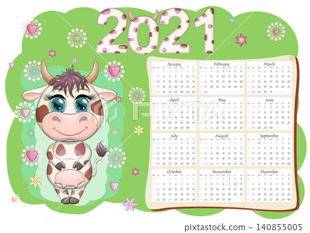 Calendar 2021. The bull is a symbol of the new year, Cartoon cow. Chinese horoscope calendar. 140855005