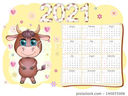 Calendar 2021. The bull is a symbol of the new year, Cartoon cow. Chinese horoscope calendar. Calendar 2021. The bull is a symbol of the new year, Cartoon cow. Chinese horoscope calendar. 140855006