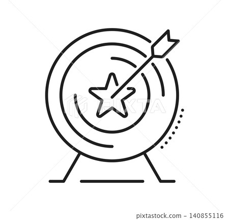 Black line icon of target with an arrow piercing central star. Ranking star pictogram and best quality icon. Sign of review, accuracy, business goal achievement and high rating, evaluation and success Black line icon of target with an arrow piercing central star. Ranking star pictogram and best quality icon. Sign of review, accuracy, business goal achievement and high rating, evaluation and success 140855116