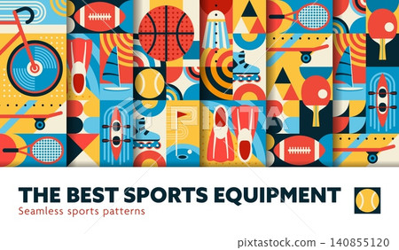 Sport equipment seamless patterns with mosaic geometric elements. Abstract tile backgrounds with skateboard, basketball, tennis racket and kayakg with retro modern aesthetics for summer sports leisure Sport equipment seamless patterns with mosaic geometric elements. Abstract tile backgrounds with skateboard, basketball, tennis racket and kayakg with retro modern aesthetics for summer sports leisure 140855120