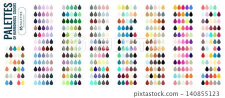 Rgb color palette with cool, warm and vibrant swatches. Drop shape rgb color scheme, harmony chart displaying light and deep hues, tones, shades or gradients for colour selection or palette comparison 140855123