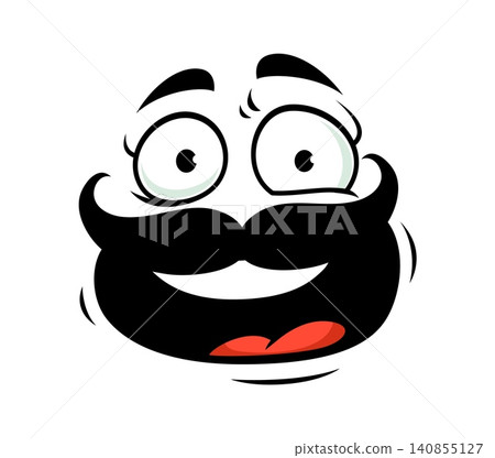 Cartoon cheerful moustache face emoji with wide expressive eyes, big grin and red tongue. Playful comic character emotion of joy, surprise and mischief. Funny happy expression for emotive stickers Cartoon cheerful moustache face emoji with wide expressive eyes, big grin and red tongue. Playful comic character emotion of joy, surprise and mischief. Funny happy expression for emotive stickers 140855127