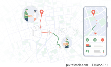 Delivery app interface with map tracking and courier illustrations Delivery app interface with map tracking and courier illustrations 140855135