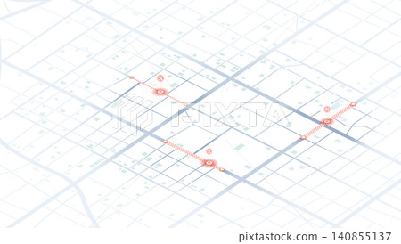 Isometric White City Map with Red Roadblock Closure Markers Showing Construction Zones and Restricted Traffic Areas Isometric White City Map with Red Roadblock Closure Markers Showing Construction Zones and Restricted Traffic Areas 140855137