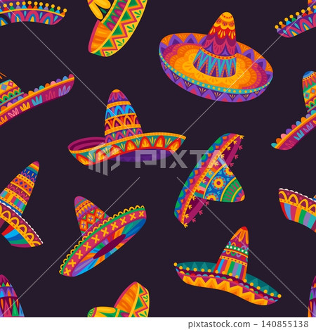 Mexican sombrero hats seamless pattern. Tile background, decorative repeating motif for festive celebration or traditional folk culture of Mexico. Wallpaper, textile, print for party and holiday decor Mexican sombrero hats seamless pattern. Tile background, decorative repeating motif for festive celebration or traditional folk culture of Mexico. Wallpaper, textile, print for party and holiday decor 140855138