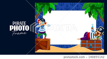 Kids photo frame with sloth and monkey animal pirates in corsair costume on sandy tropical beach with treasure chest, crate, palm trees. Anchor patterned background template for birthday party photos 140855142