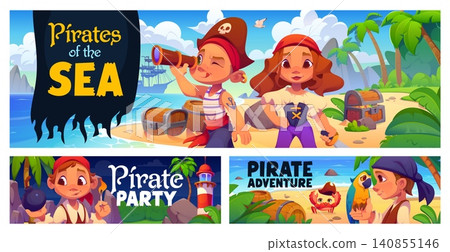 Cartoon kids pirates on holiday party banners. Children ship crew corsairs explore tropical beach searching for treasure chests and barrels while parrot perches nearby conveying adventure celebration Cartoon kids pirates on holiday party banners. Children ship crew corsairs explore tropical beach searching for treasure chests and barrels while parrot perches nearby conveying adventure celebration 140855146