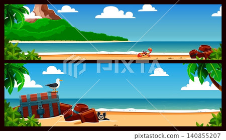 Cartoon tropical island landscape with pirates treasure chest and corsair tricorn hat. Caribbean adventure tropical island landscape with palm trees at sea beach and funny crab with seagull characters Cartoon tropical island landscape with pirates treasure chest and corsair tricorn hat. Caribbean adventure tropical island landscape with palm trees at sea beach and funny crab with seagull characters 140855207
