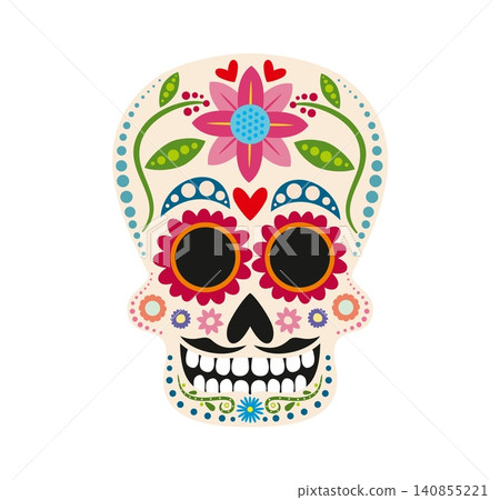 Mexican calavera sugar skull, Day of the dead festival head with folk ornaments. Dia de los Muertos holiday symbol. Cartoon human cranium tattoo adorned with traditional flowers and floral pattern Mexican calavera sugar skull, Day of the dead festival head with folk ornaments. Dia de los Muertos holiday symbol. Cartoon human cranium tattoo adorned with traditional flowers and floral pattern 140855221