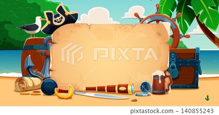 Pirate banner with old scroll, weapon, treasure chest and steering wheel on tropical Caribbean island. Weathered blank parchment frame on beach surrounded by cutlass, spyglass, helm, coins and seagull 140855243