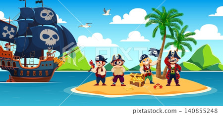 Cartoon kid pirate characters and corsairs sail ship near Caribbean island. Kid pirates or children corsair characters with treasures chest, boy captain sailor and girl skipper with Jolly Roger flag Cartoon kid pirate characters and corsairs sail ship near Caribbean island. Kid pirates or children corsair characters with treasures chest, boy captain sailor and girl skipper with Jolly Roger flag 140855248