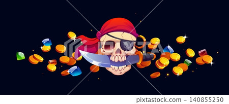 Pirate skull with dagger and treasures of golden coins and gemstone jewels. Caribbean adventure and piracy background with pirate skull in corsair eyepatch and sailor bandana with sword blade in mouth Pirate skull with dagger and treasures of golden coins and gemstone jewels. Caribbean adventure and piracy background with pirate skull in corsair eyepatch and sailor bandana with sword blade in mouth 140855250