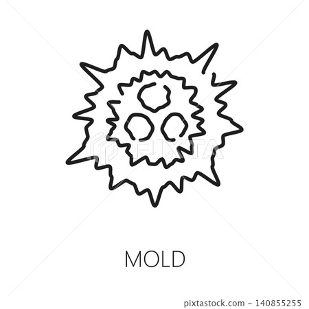 Spiky mold spore with jagged irregular edges and circular cell shapes. Outline pictogram representing mold allergen warning for non food sensitivity labeling. Linear icon for medical allergy guides Spiky mold spore with jagged irregular edges and circular cell shapes. Outline pictogram representing mold allergen warning for non food sensitivity labeling. Linear icon for medical allergy guides 140855255