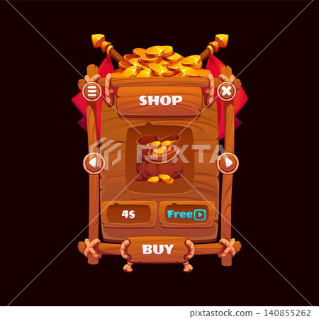 Pirate game UI interface app window with buttons on wooden board panel. Caribbean adventure pirate and corsair game UI of user shop menu with treasure gold buy option for videogame store screen GUI Pirate game UI interface app window with buttons on wooden board panel. Caribbean adventure pirate and corsair game UI of user shop menu with treasure gold buy option for videogame store screen GUI 140855262