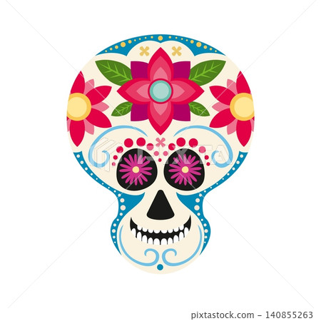 Mexican Dia De Los Muertos Day of dead holiday calavera sugar skull. Cartoon ornate calaca Catrina skeleton cranium with floral pattern. Traditional Mexico festival symbol of Death holiday celebration 140855263