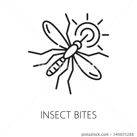 Insect bites allergen icon featuring detailed mosquito with spread wings, legs, and glowing bite symbol. Allergic minimalist pictogram for medical app, pharmacy packaging or allergy awareness campaign 140855288