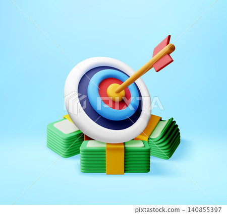 3d arrow in bullseye target sitting on cash stack. 3d arrow in bullseye target sitting on cash stack. 140855397