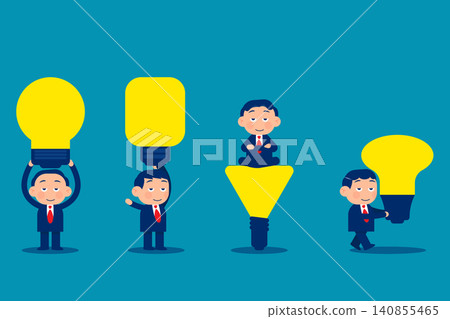 Set cute little business. Businessman holding light bulb 140855465